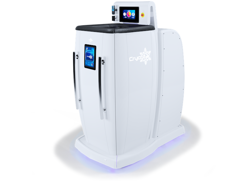 White cryo therapy machine with digital display on gray and black  background