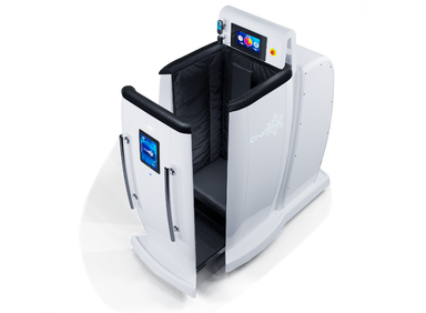 White and black cryo therapy machine with digital display on gray and black  background