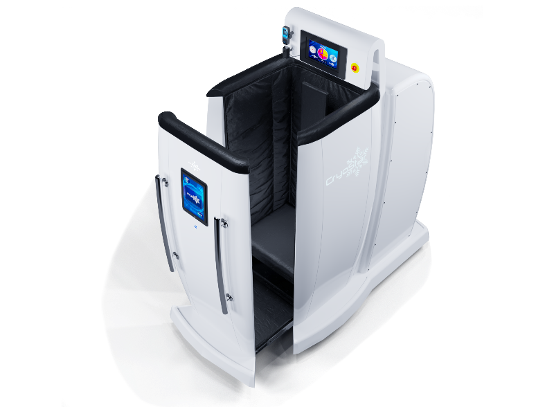 White and black cryo therapy machine with digital display on gray and black  background