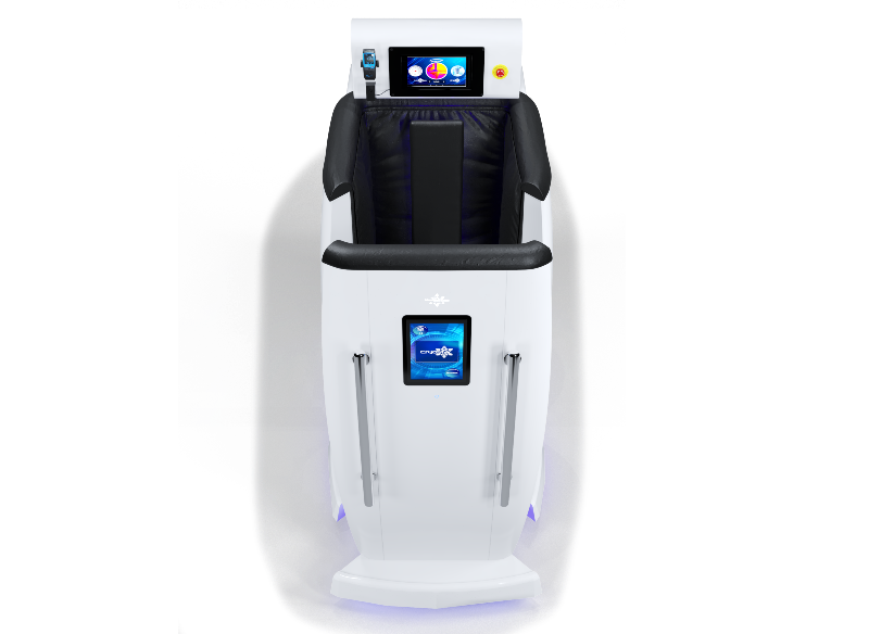 White and black cryo therapy machine with digital display on gray and black  background