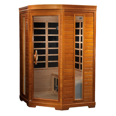 Wooden sauna with glass doors on a white background