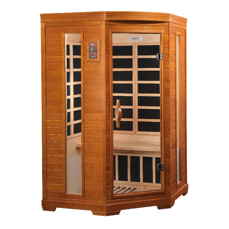 Wooden sauna with glass door on a white background