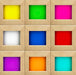 Grid of colorful squares in wooden frames