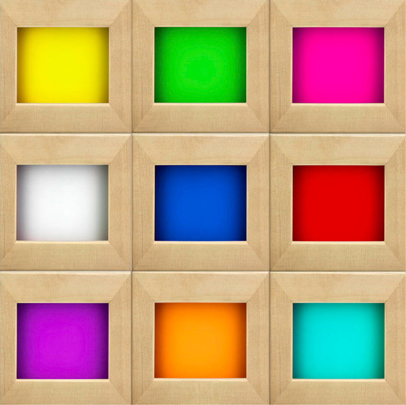Grid of colorful squares in wooden frames