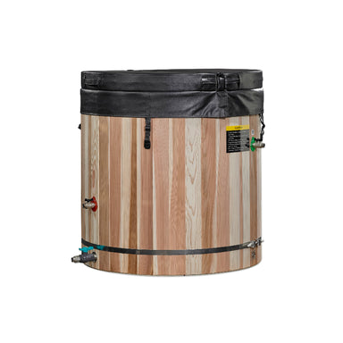 Wooden barrel cold plunge with black lid and straps on a white background