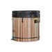 Wooden barrel cold plunge with black lid and straps on a white background