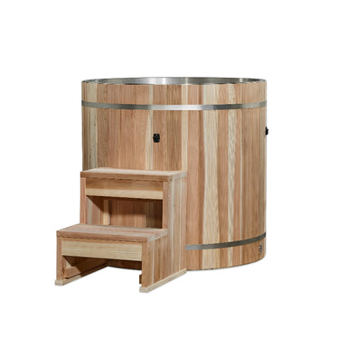 Wooden barrel cold plunge with steps on a white background