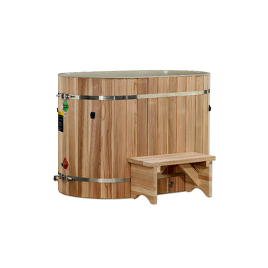 Wooden cold plunge with a step on a white background