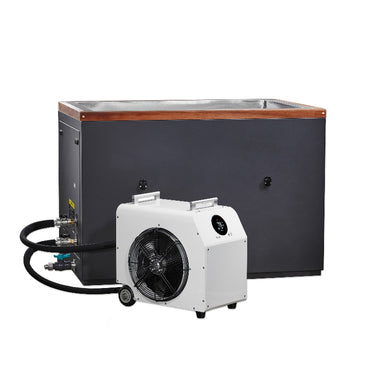 black Cold Plunge with a large tank and white chiller unit on a white background