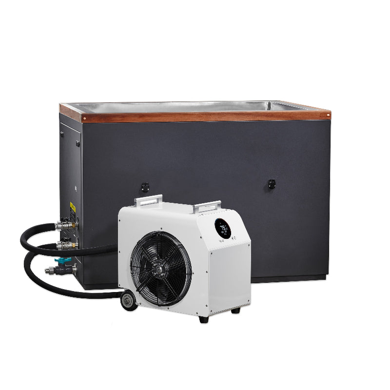 black Cold Plunge with a large tank and white chiller unit on a white background