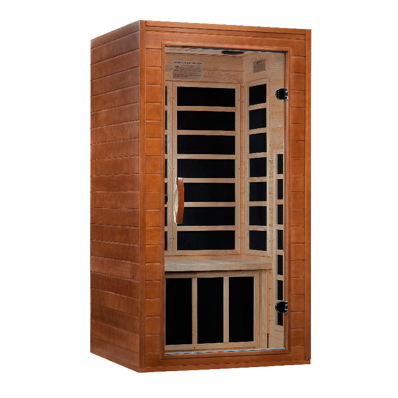 Wooden infrared sauna with glass door on a white background