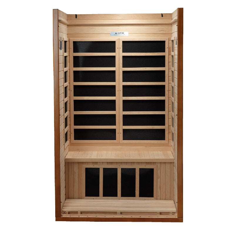 Wooden sauna with black interior panels on a white background