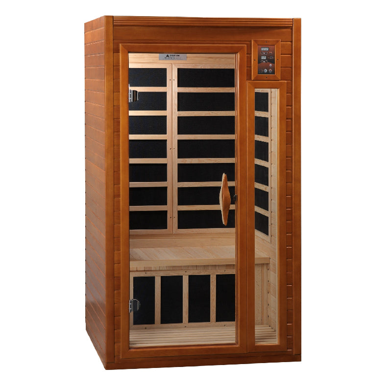 Wooden infrared sauna with glass door on a white background