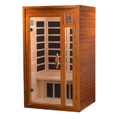 Wooden sauna with glass door on a white background