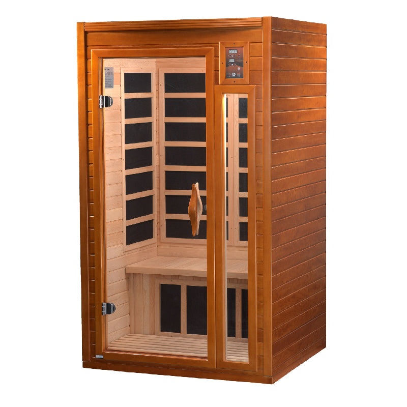 Wooden sauna with glass door on a white background