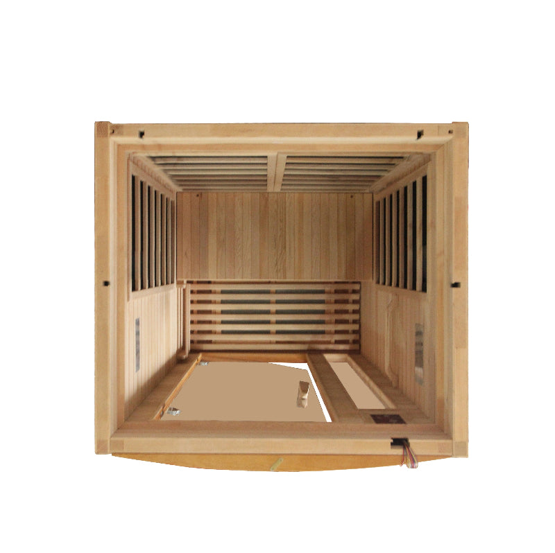 Wooden sauna with glass panel on a white background