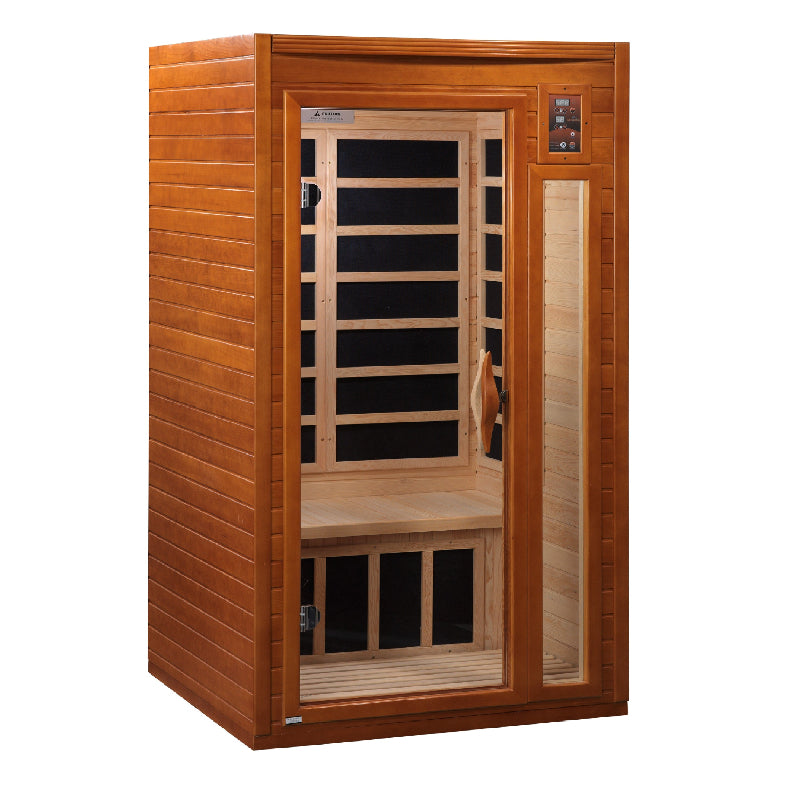 Wooden infrared sauna with glass door on a white background