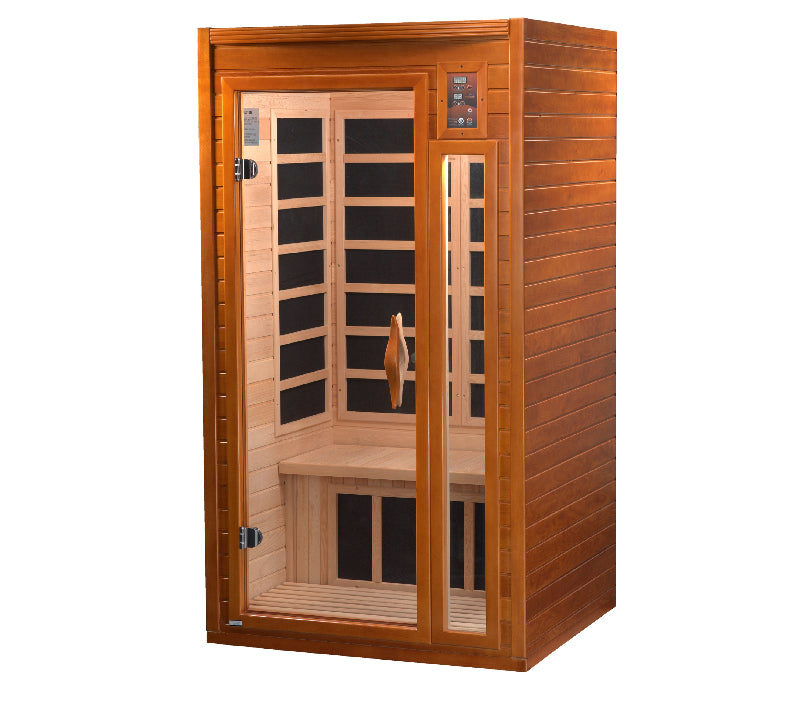 Wooden sauna with glass door on a white background