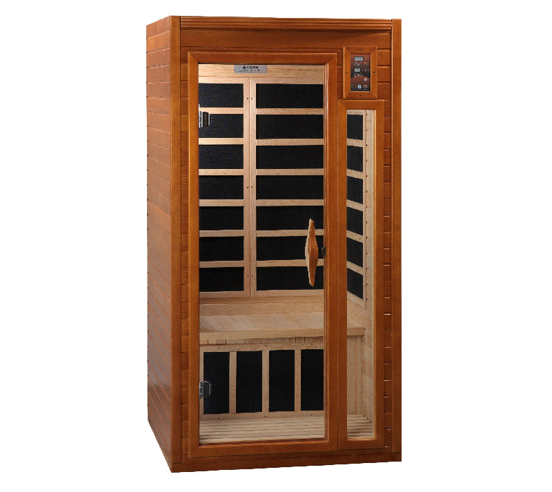 Wooden sauna with glass door on a white background
