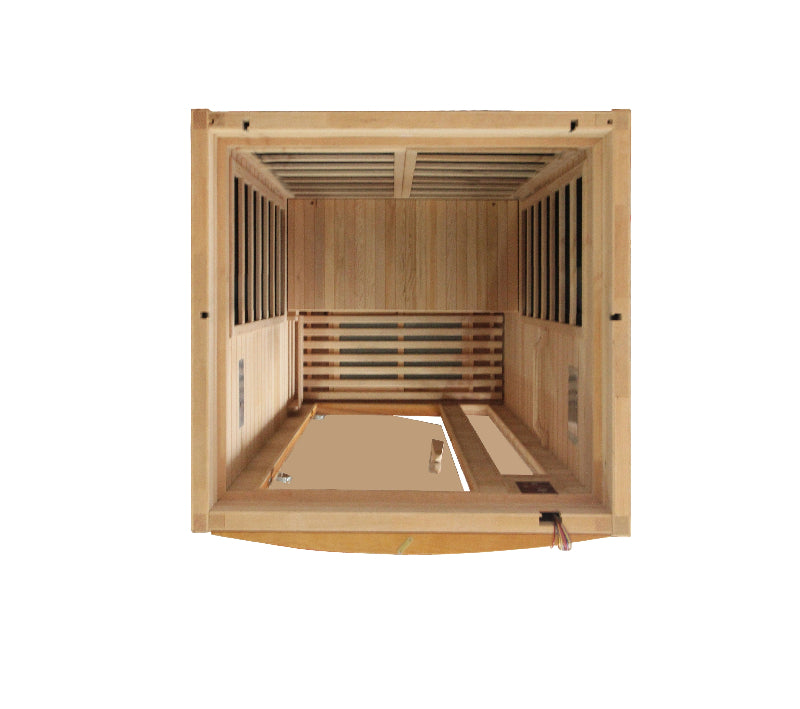 Wooden sauna interior with benches on a white background