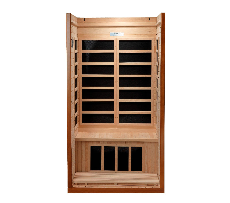 Wooden sauna with glass panels on a white background