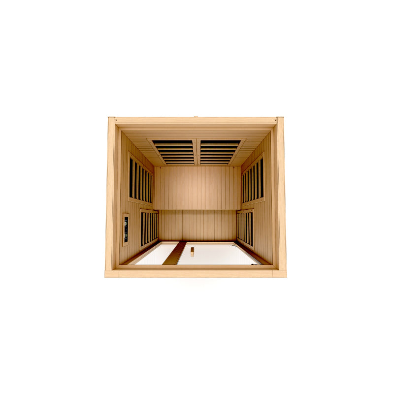Wooden sauna interior with a white floor on a white background
