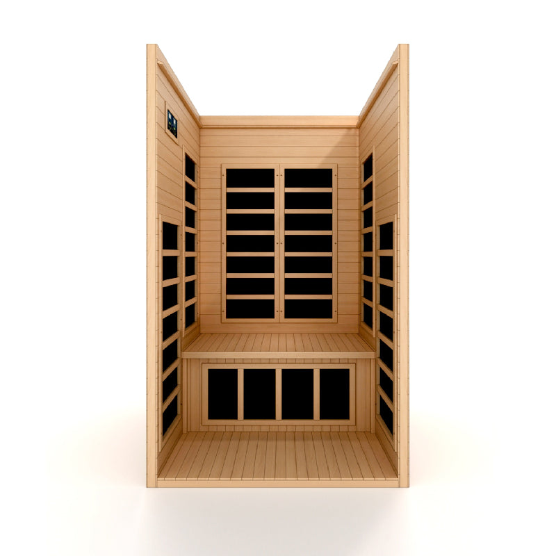 Wooden sauna with black interior panels on a white background