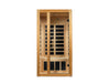 Wooden sauna door with glass panels on a white background