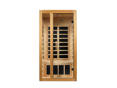 Wooden sauna door with glass panels on a white background