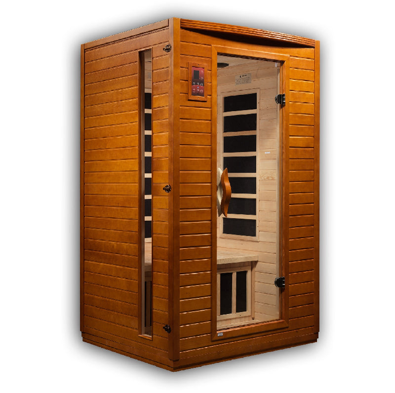 Wooden sauna with glass door on a white background
