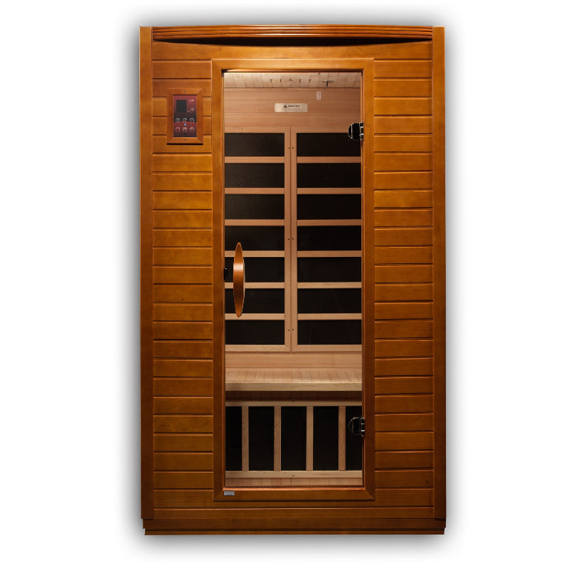 Wooden sauna door with slatted design on a white background