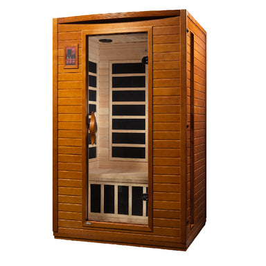 Wooden infrared sauna with glass door on a white background