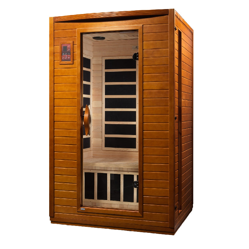 Wooden infrared sauna with glass door on a white background