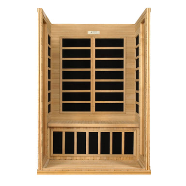 Wooden infrared sauna with black interior panels on a white background