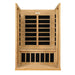 Wooden infrared sauna with black interior panels on a white background