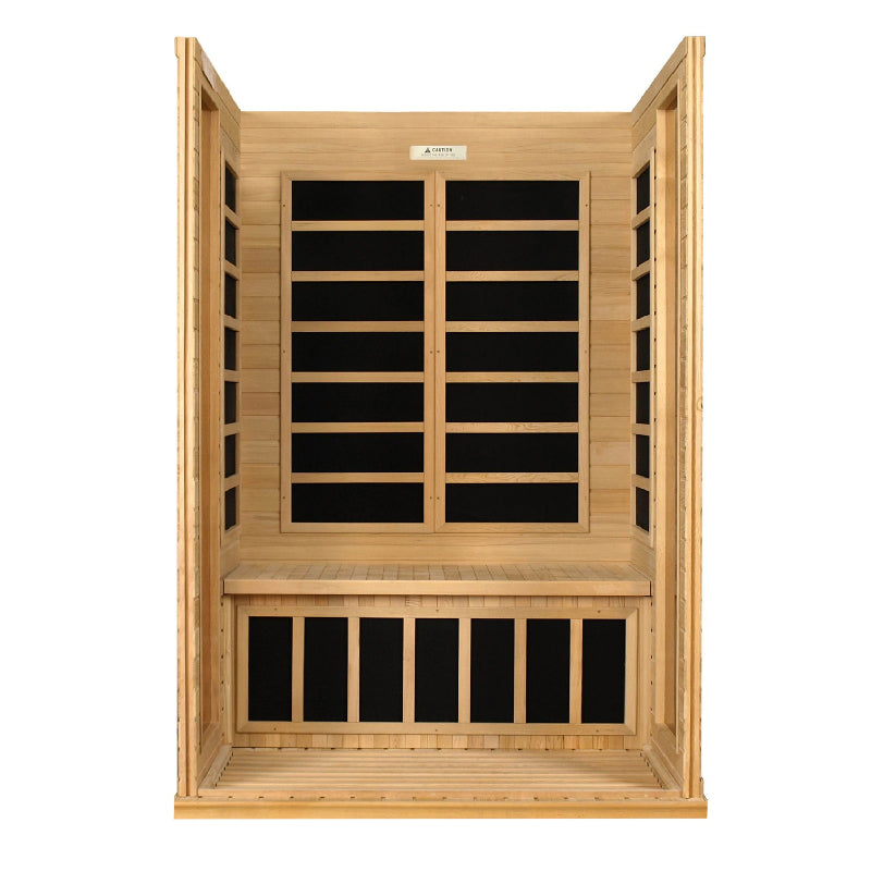 Wooden infrared sauna with black interior panels on a white background