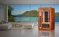 Infrared sauna in a modern living room with a scenic view of mountains and water.
