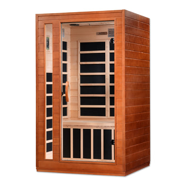 Wooden infrared sauna with glass door on a white background