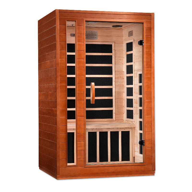 Wooden infrared sauna with glass door on a white background
