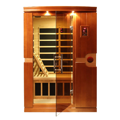 Wooden sauna with glass door on a white background