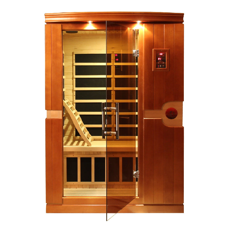 Wooden sauna with glass door on a white background