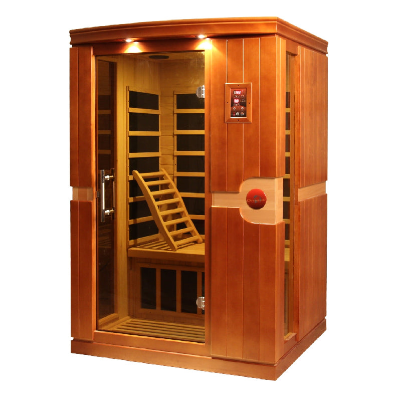 Wooden infrared sauna with a bench inside on a white background