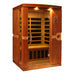 Wooden infrared sauna with control panel on a white background
