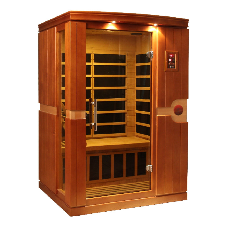 Wooden infrared sauna with control panel on a white background