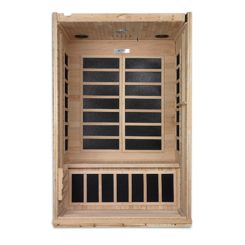 Wooden sauna with black interior panels on a white background