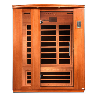 Wooden sauna with glass door on a white background