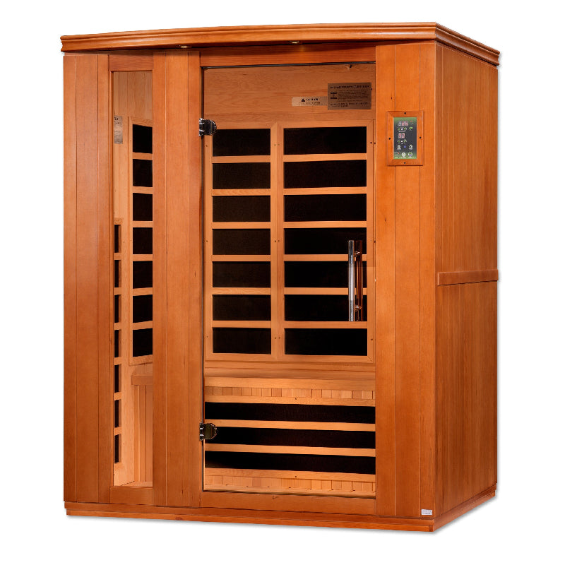 Wooden infrared sauna with glass door on a white background
