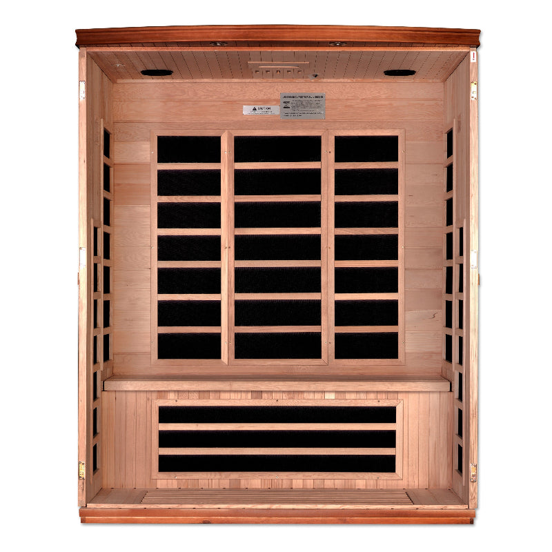 Wooden sauna with black interior panels on a white background