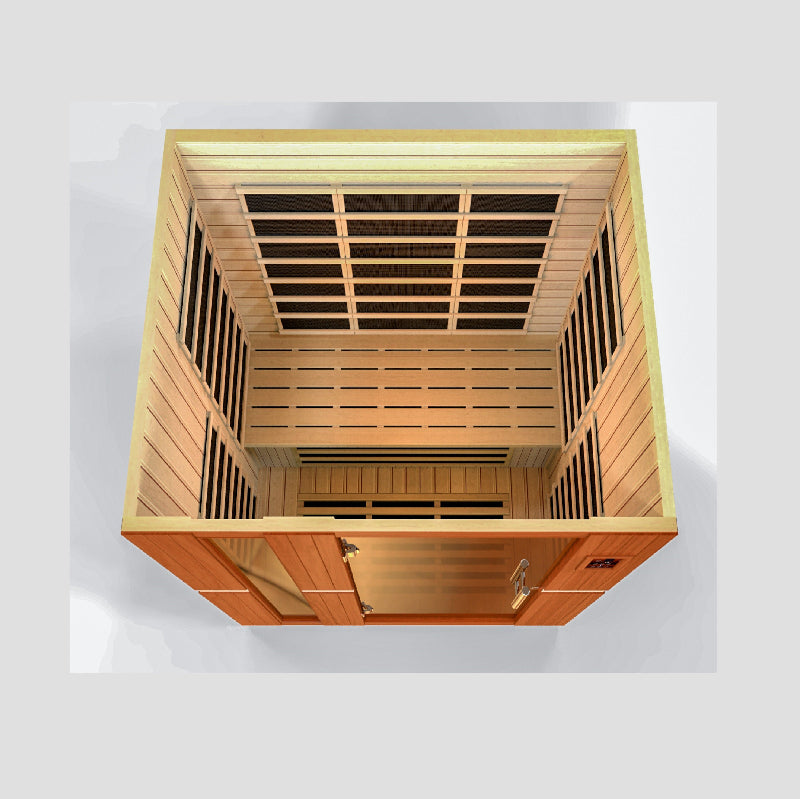 Wooden sauna with open door on a white background