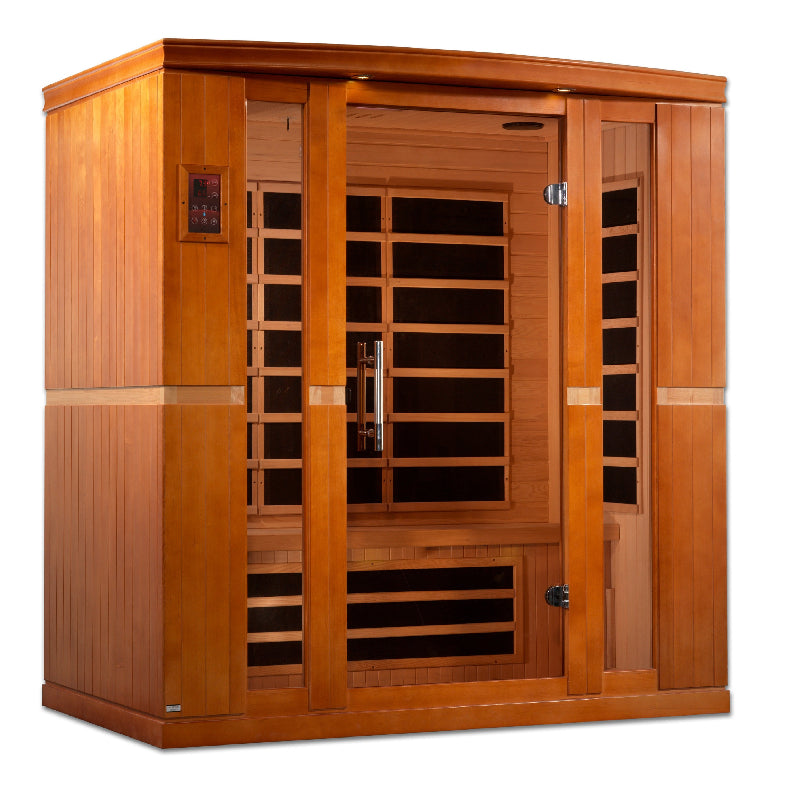 Wooden sauna with glass door on a white background